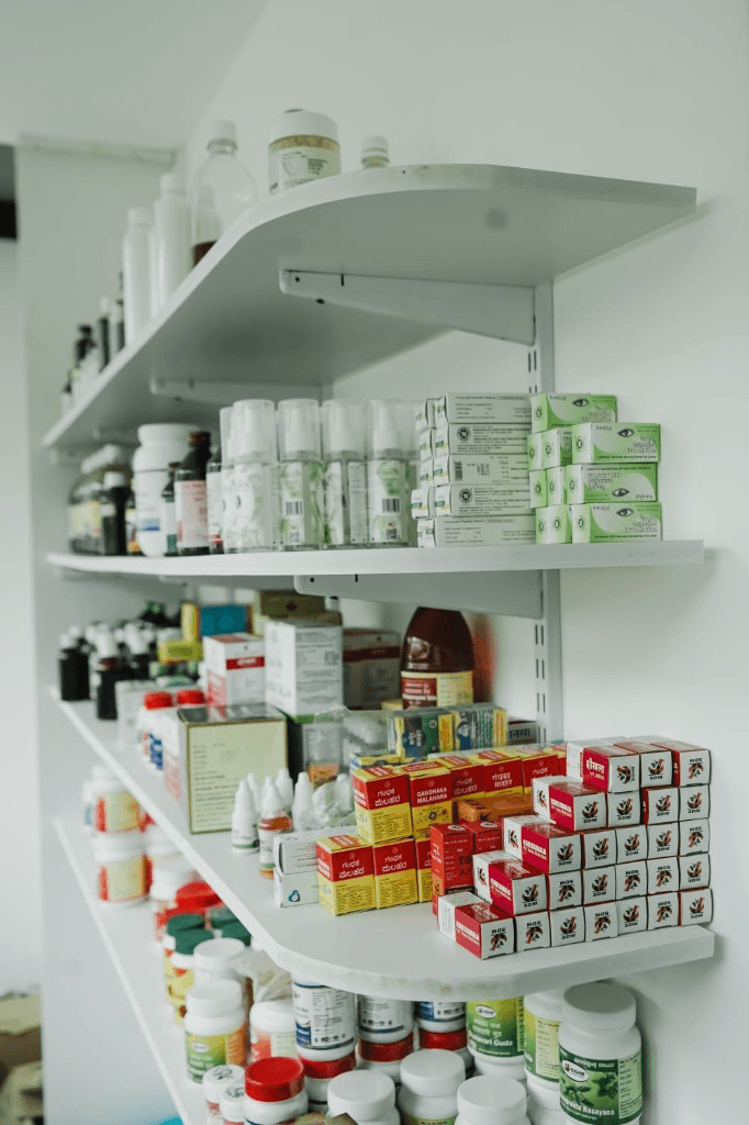 Classical oils, kashayas, and medicines dispensed after consultation.