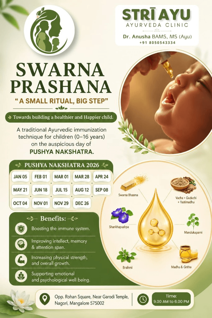 Swarna Prashana — Pushya Nakshatra 2026 dates, benefits, and ingredients at STRĪ AYU Ayurveda Clinic